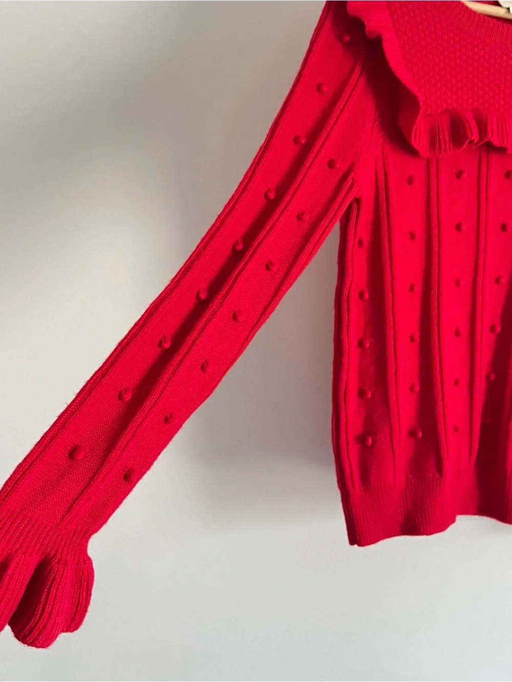 Kate Spade New York Ruffle Sweater X-Small Wool Blend Red Swiss Dot Preppy Knit